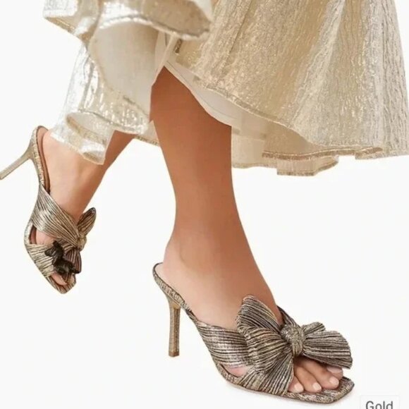 Loeffler Randall Claudia Pleated Bow Stiletto Heel Mule Oro Gold 7 New - Picture 3 of 6
